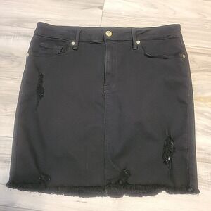 Good American Mini Skirt Womens 14 Black Distressed‎ Denim Fringed Raw Hem